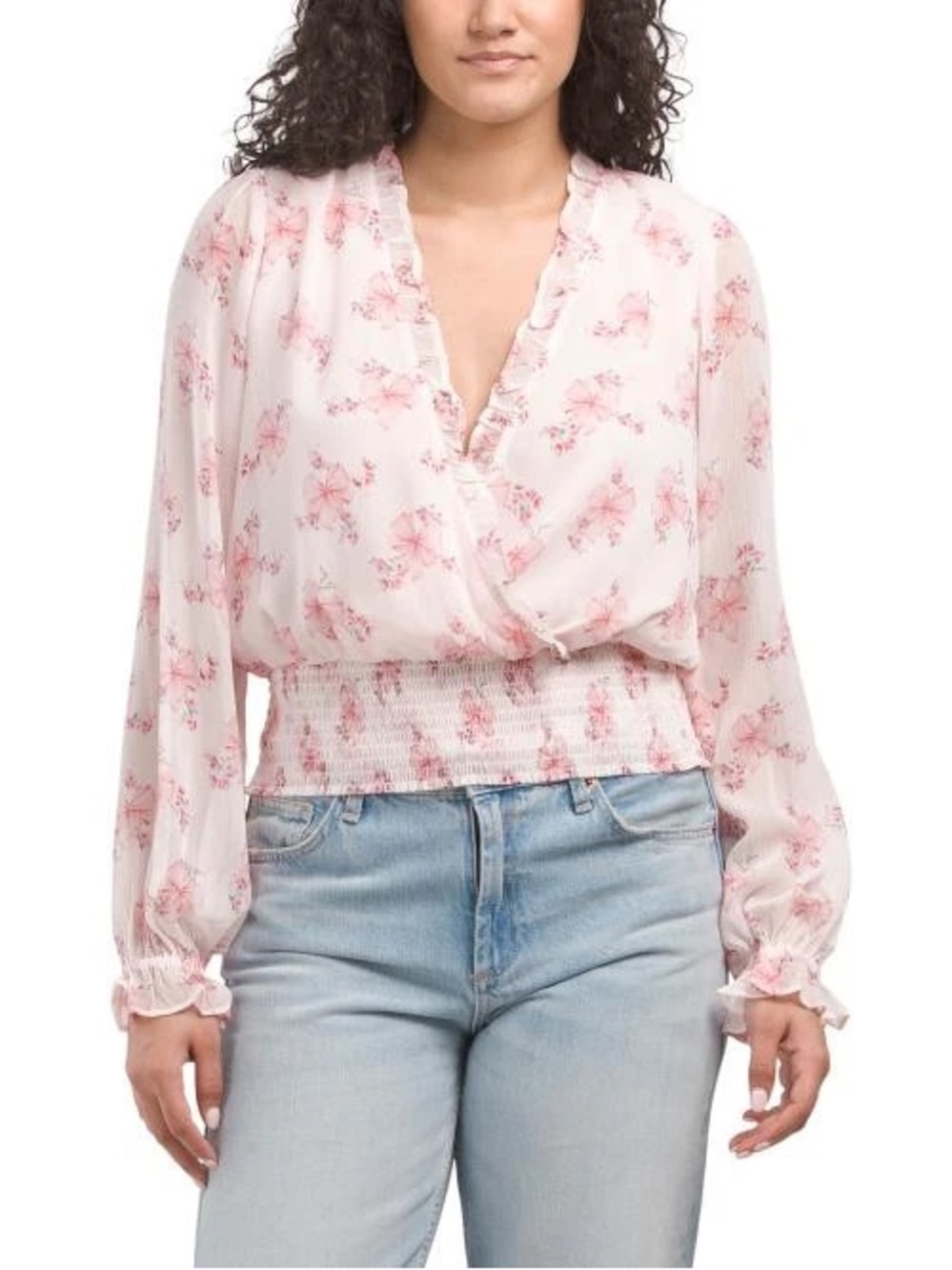 Joie Pale Pink Floral Wrap Blouse with Smocked Waist